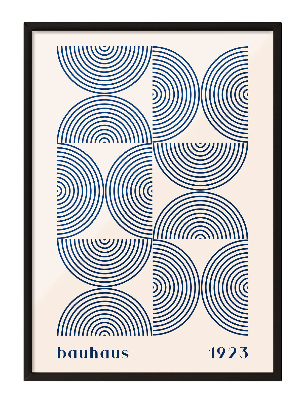 Krem zemin üzerinde lacivert konsantrik yarım dairelerden oluşan geometrik Bauhaus posteri, 'bauhaus 1923' yazılı.