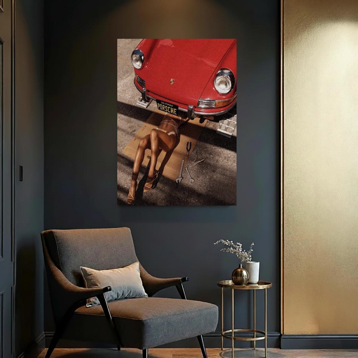 Kırmızı Porsche altında yatan kadın, vintage araba tutkusu kanvas duvar sanatı.