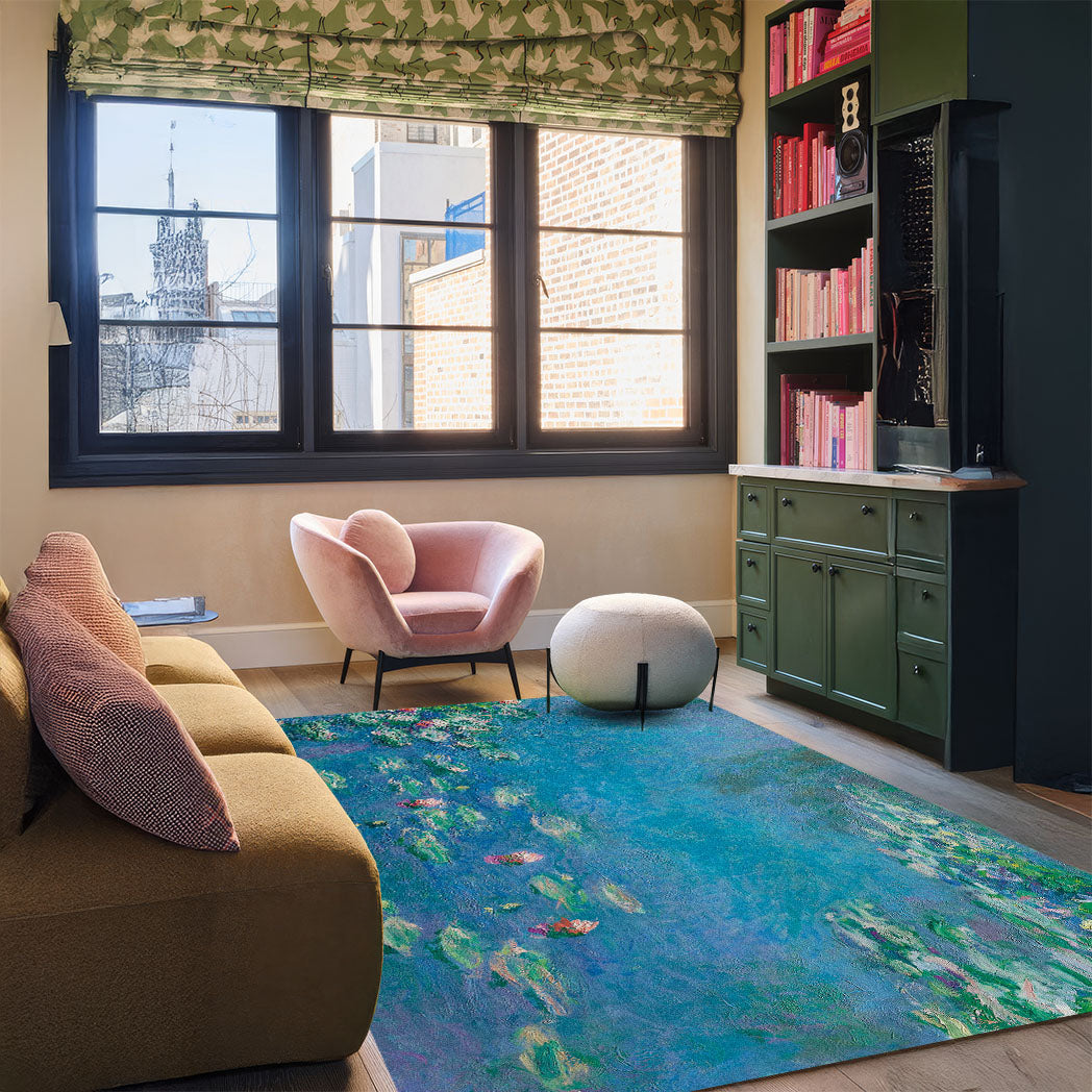 Empresyonist Nilüfer Desenli Mavi Halı