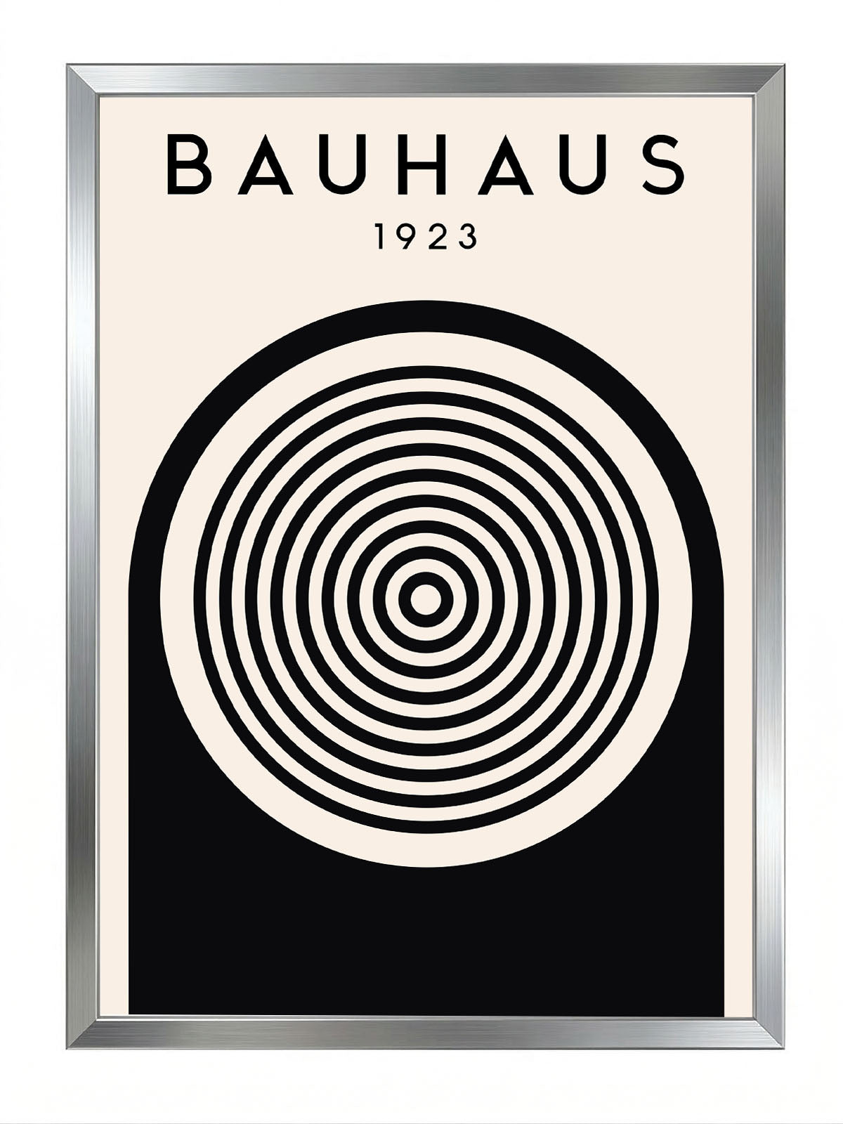Siyah çerçeveli, krem zemin üzerine siyah konsantrik çemberler ve kemer deseni içeren Bauhaus 1923 posteri.
