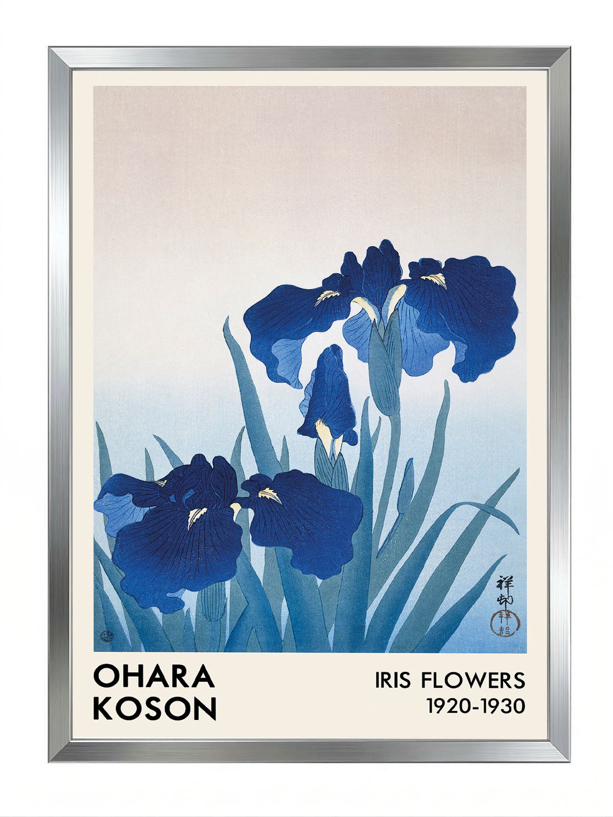 Ohara Koson'un derin mavi iris çiçeklerini tasvir eden, Japon ukiyo-e tarzı sanatsal poster.