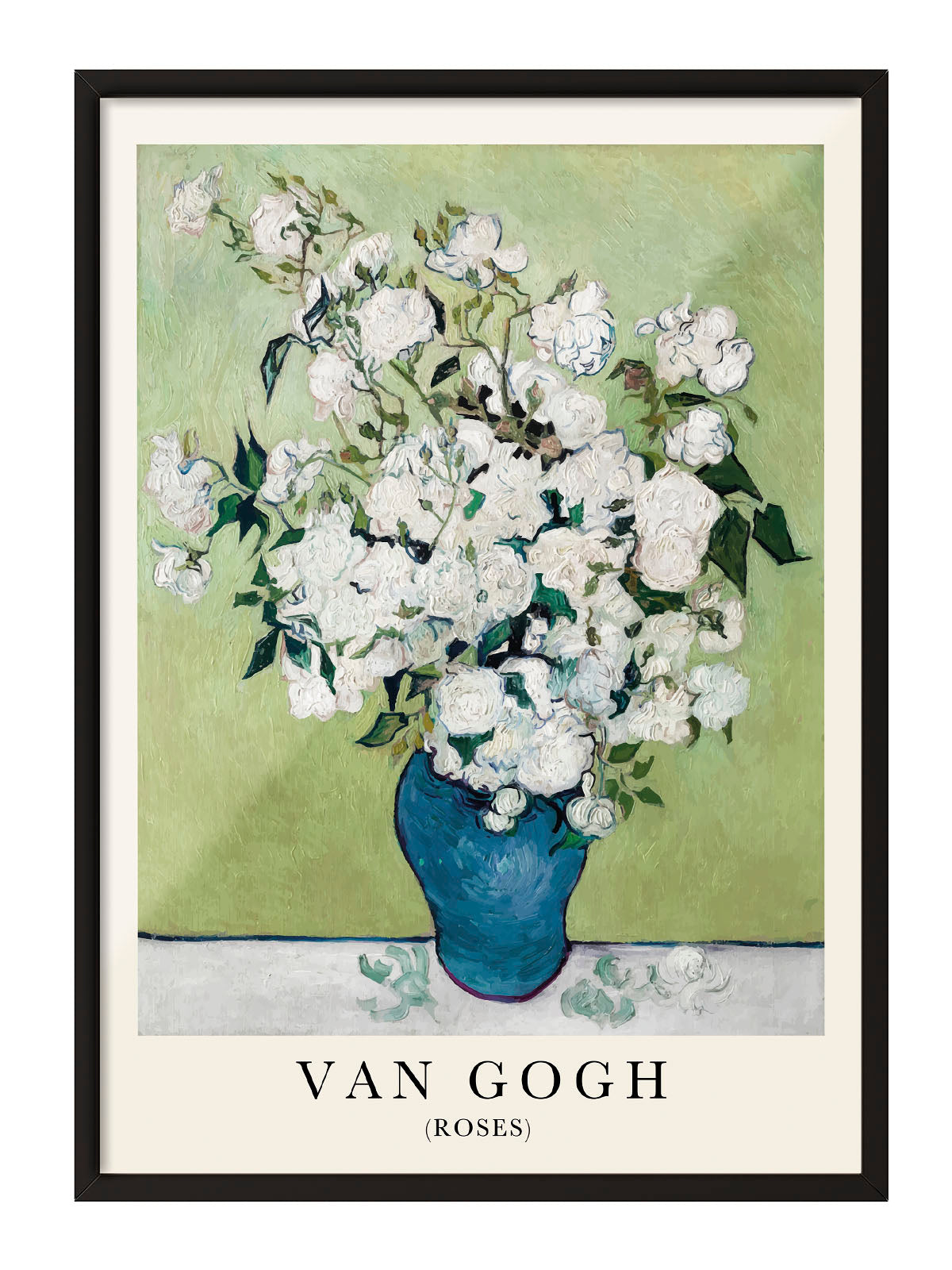 Van Gogh'un beyaz güller ve yeşil arka planlı, mavi vazoda çiçek tablosu posteri