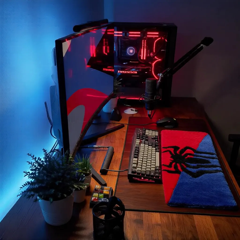 Spiderman temalı kırmızı mavi tufting klavye matı, örümcek desenli oyuncu masası için.