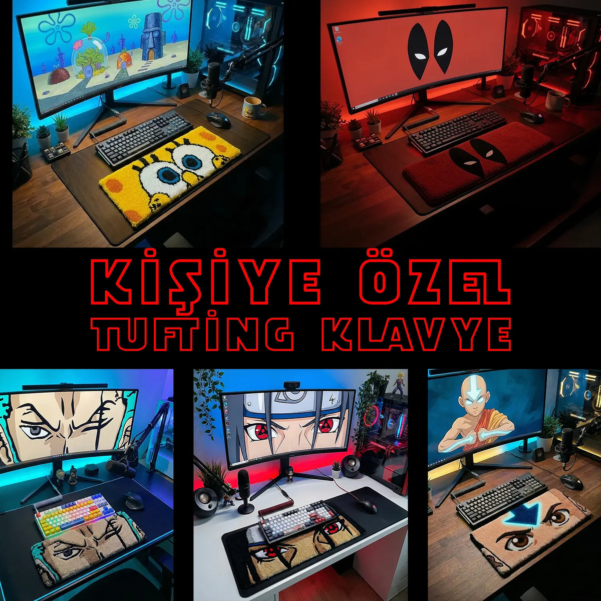 Kişiye özel tufting klavye matı, renkli karakter tasarımlı bilek desteği.