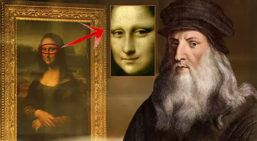 Leonardo da Vinci'nin Mona Lisa tablosu ve yakınına kırmızı okla yüz detayının gösterilmesi, kokteyl tablo