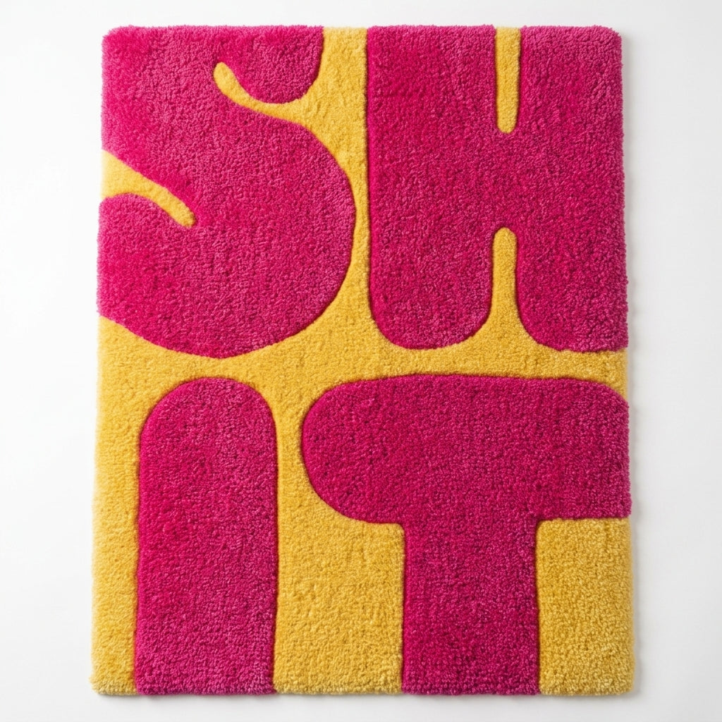 Canlı pembe ve parlak sarı renklerde, 'SHIT' yazısı kabartmalı, el yapımı modern tufting halı.