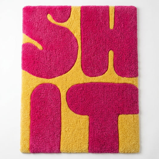 Canlı pembe ve parlak sarı renklerde, 'SHIT' yazısı kabartmalı, el yapımı modern tufting halı.