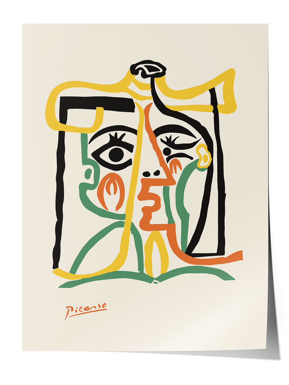 Picasso imzalı, sarı, turuncu, yeşil ve siyah renklerde soyut kübist kadın yüzü posteri.