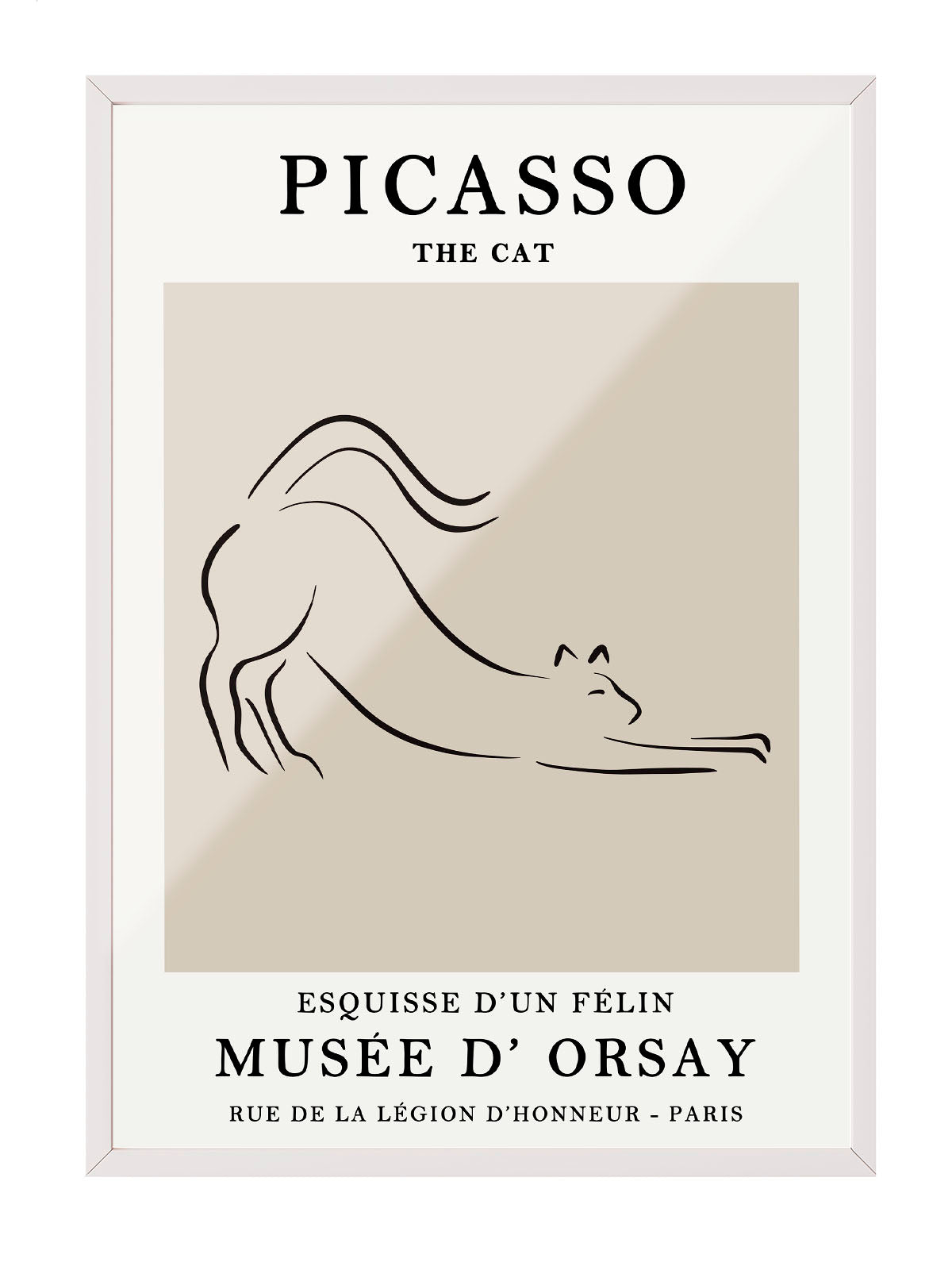 Siyah çerçeveli, bej arka plan üzerinde Picasso'nun minimalist kedi çizimi olan modern sanat posteri.