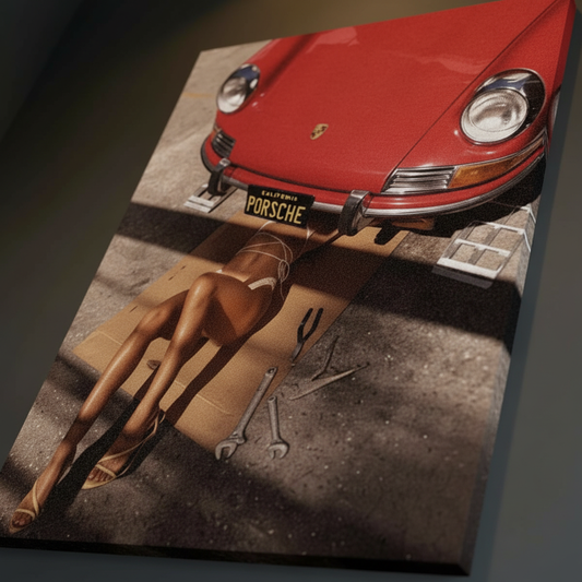 Kırmızı Porsche altında bikinili kadın, tamir aletleri. Klasik araba temalı kanvas tablo.