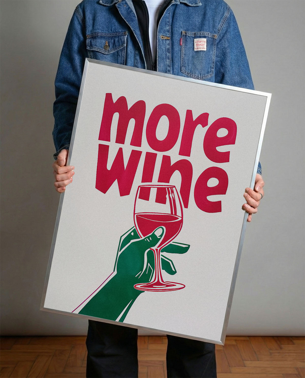 More Wine yazılı, kadeh tutan yeşil el figürlü, pembe ve yeşil renklerde modern çerçeveli poster