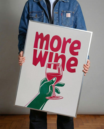 More Wine yazılı, kadeh tutan yeşil el figürlü, pembe ve yeşil renklerde modern çerçeveli poster