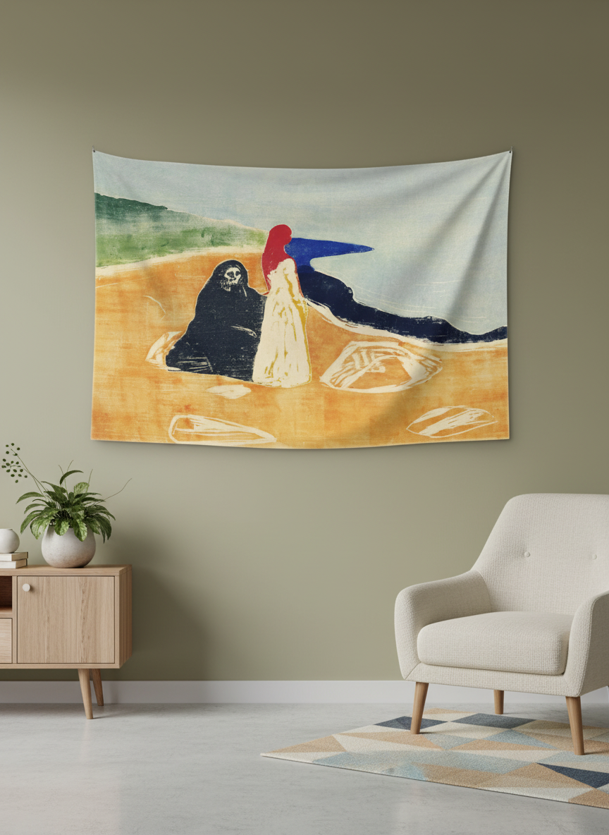 Edvard Munch tarzı, soyut figürlerin sahilde buluştuğu, sarı, mavi ve siyah tonlarında sanatsal duvar örtüsü.