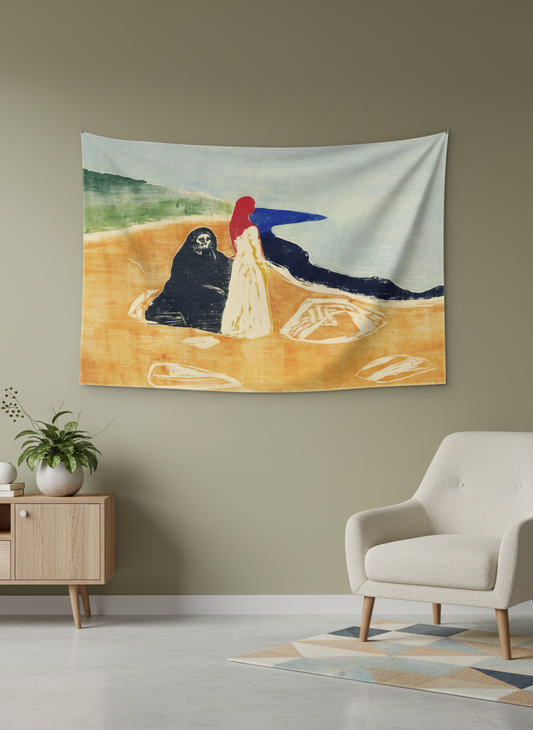 Edvard Munch tarzı, soyut figürlerin sahilde buluştuğu, sarı, mavi ve siyah tonlarında sanatsal duvar örtüsü.