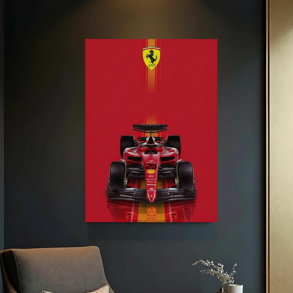 Kırmızı dokulu zemin üzerinde önden görünüm Ferrari F1 yarış arabası ve üstte Ferrari logosu bulunan modern kanvas tablo.