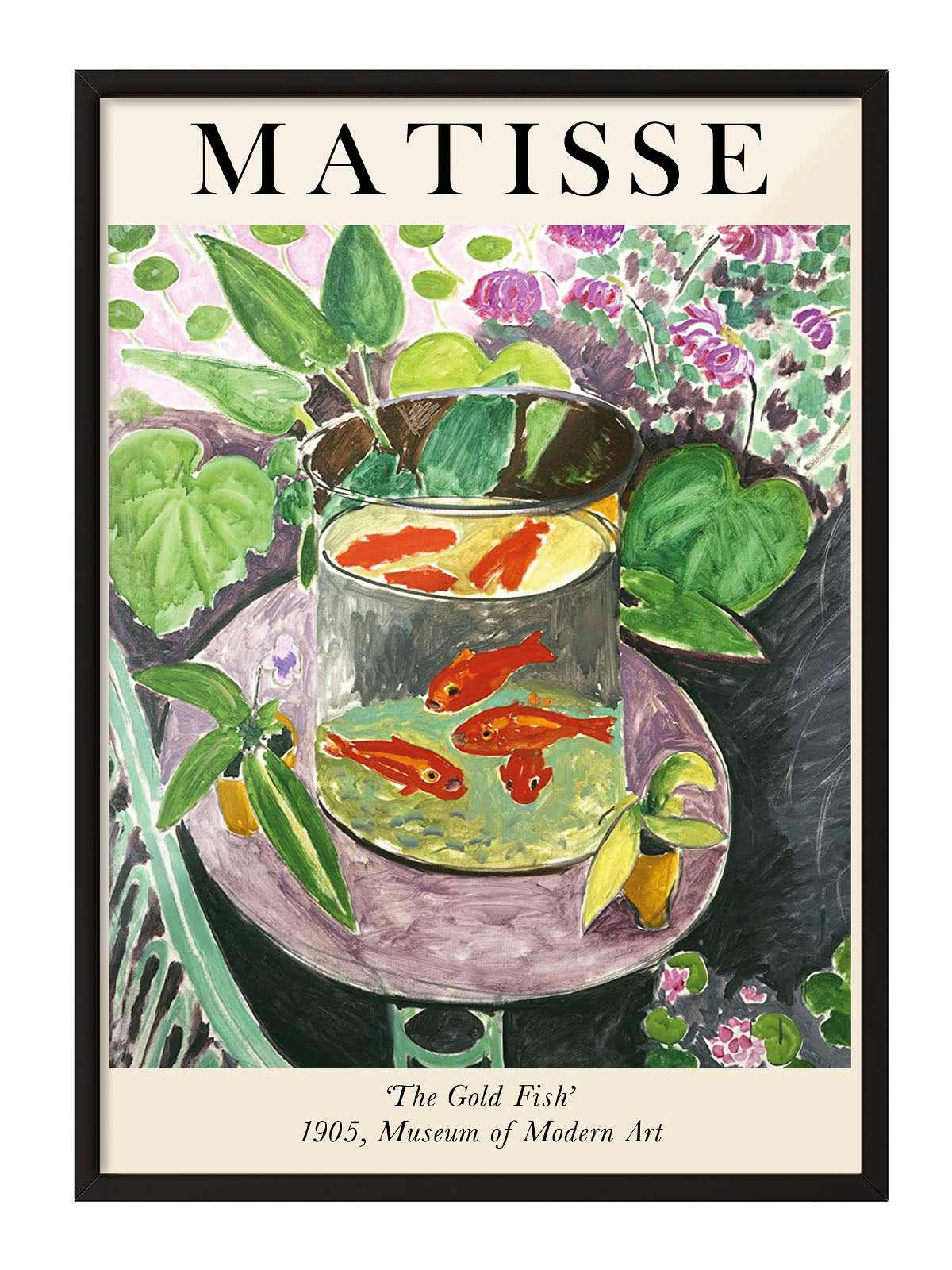 Henri Matisse'in 'The Gold Fish' tablosunu gösteren, canlı turuncu balıklar ve yeşil bitkiler içeren sanatsal poster.