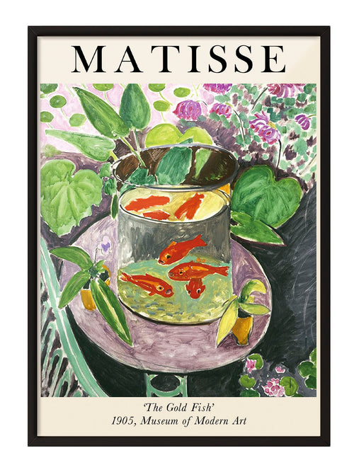 Henri Matisse'in 'The Gold Fish' tablosunu gösteren, canlı turuncu balıklar ve yeşil bitkiler içeren sanatsal poster.