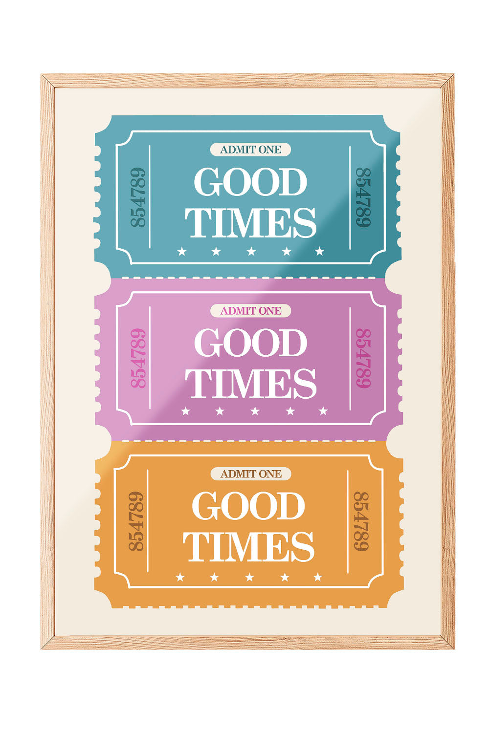 Mavi, pembe ve turuncu renklerde 'Good Times' yazılı retro bilet desenli çerçeveli poster