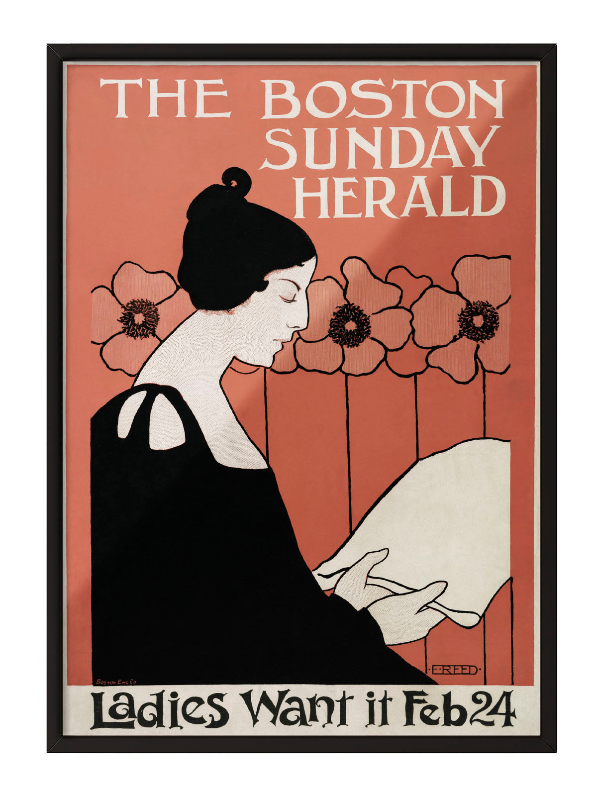 Kiremit rengi fonda, Art Nouveau tarzı siyah elbiseli kadın figürü ve çiçekler içeren Boston Herald vintage posteri.
