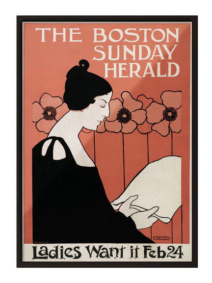 Kiremit rengi fonda, Art Nouveau tarzı siyah elbiseli kadın figürü ve çiçekler içeren Boston Herald vintage posteri.