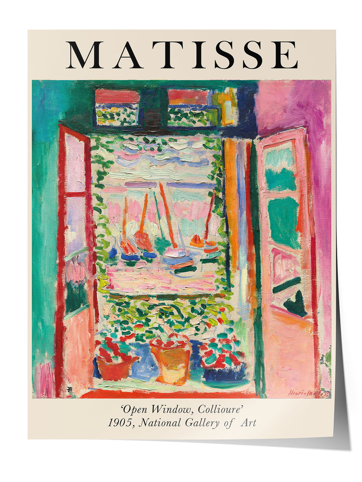 Henri Matisse'in 'Open Window, Collioure' tablosunu gösteren, canlı renkli, Fauvist tarzda pencere manzarası posteri.