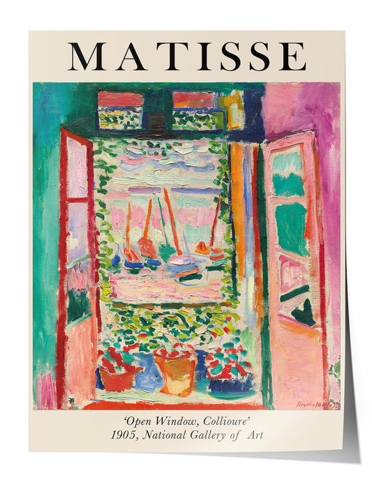 Henri Matisse'in 'Open Window, Collioure' tablosunu gösteren, canlı renkli, Fauvist tarzda pencere manzarası posteri.