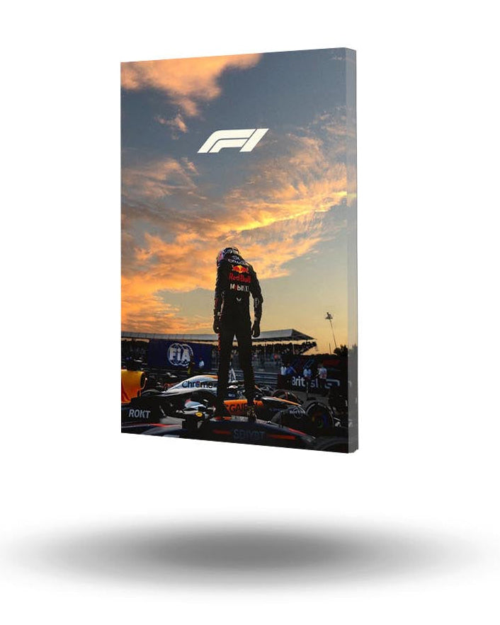 F1 Red Bull Racing pilotunun gün batımına karşı durduğu, üstte F1 logosu olan kanvas tablo.