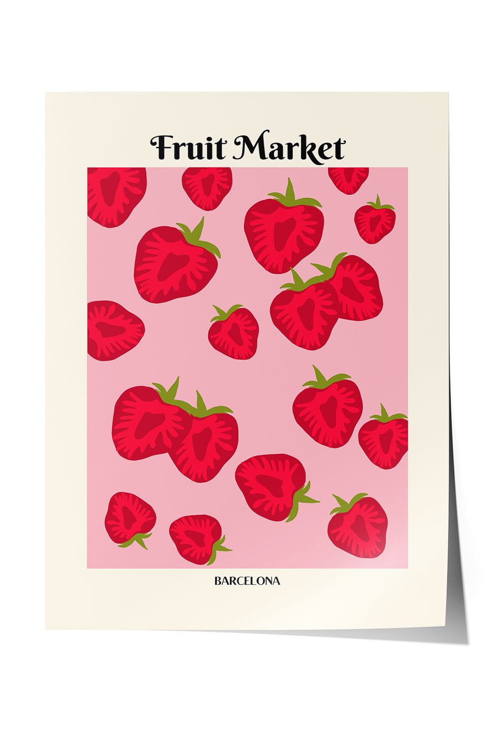 Çerçeveli pembe zeminli, kırmızı çilek desenli 'Fruit Market Barcelona' posteri