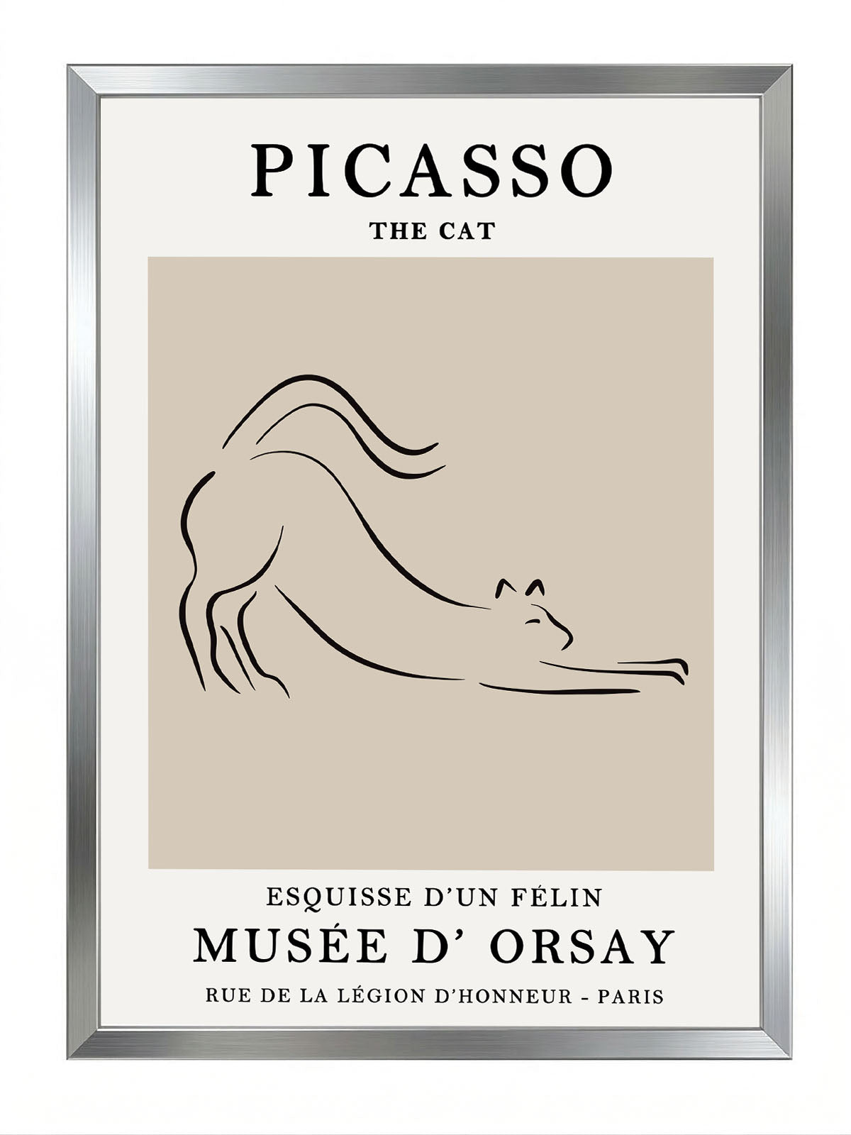 Siyah çerçeveli, bej arka plan üzerinde Picasso'nun minimalist kedi çizimi olan modern sanat posteri.