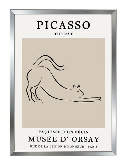 Siyah çerçeveli, bej arka plan üzerinde Picasso'nun minimalist kedi çizimi olan modern sanat posteri.