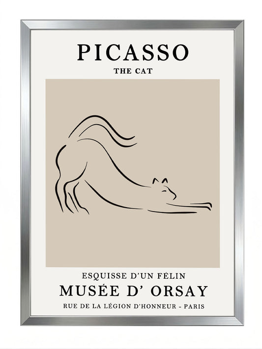 Siyah çerçeveli, bej arka plan üzerinde Picasso'nun minimalist kedi çizimi olan modern sanat posteri.