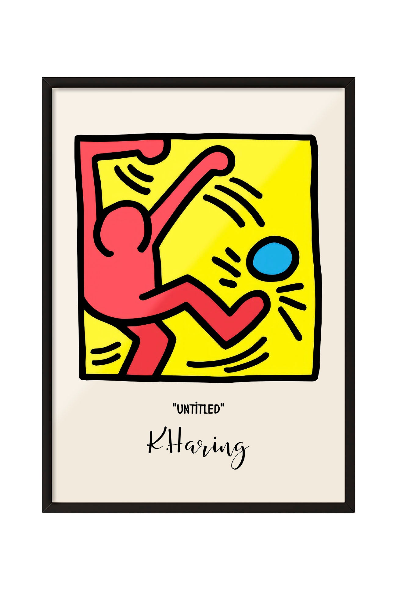 Keith Haring tarzı, kırmızı figürlü, sarı zeminli, mavi küreli modern çerçeveli poster