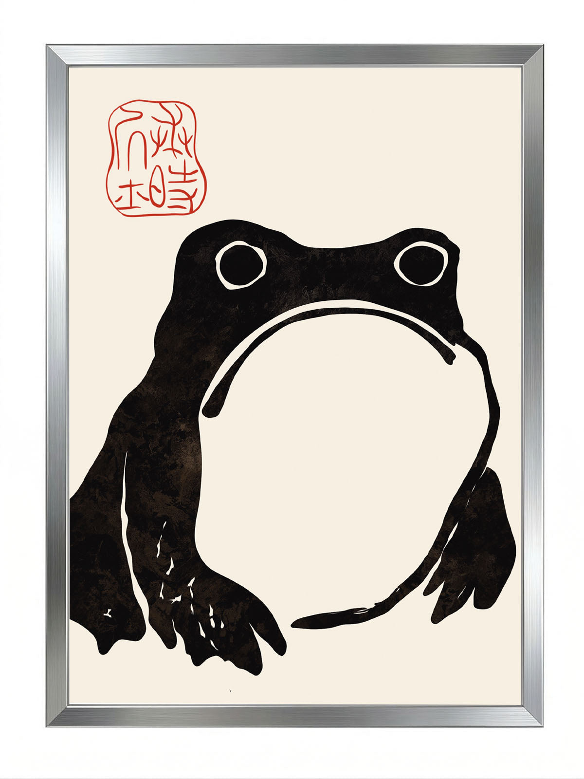 Krem rengi arka planda, dokulu siyah minimalist Japon kurbağa silüeti ve kırmızı mühürlü duvar posteri.