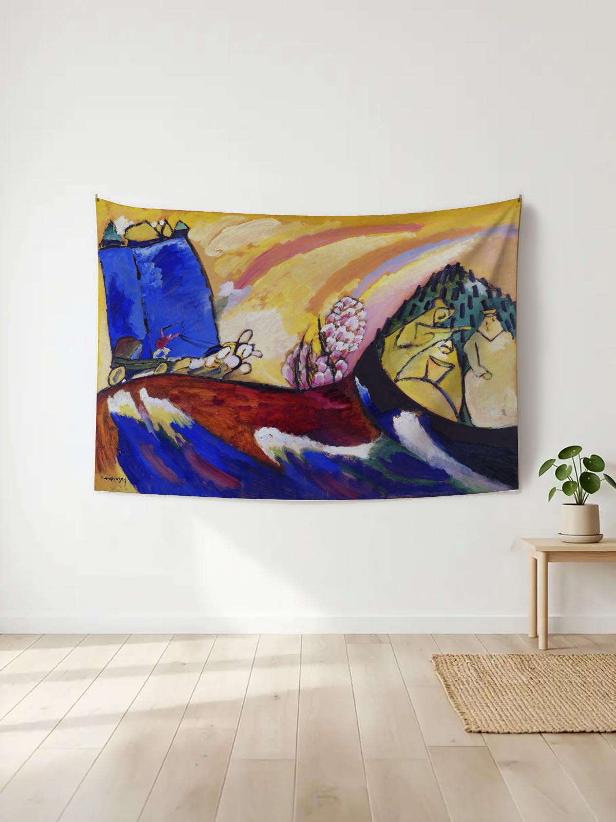 Canlı renklerde soyut dışavurumcu sanat eseri temalı duvar örtüsü, modern bir odada asılı.