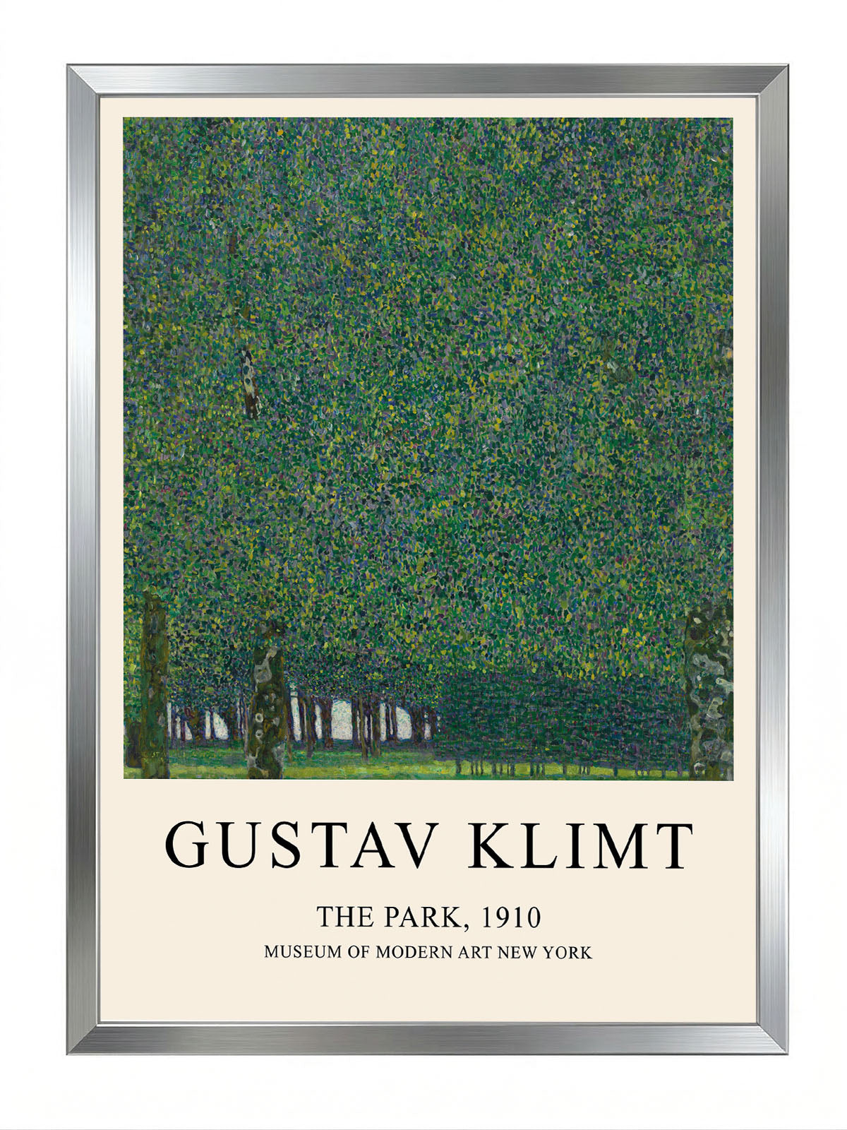 Gustav Klimt'in 'The Park, 1910' tablosunu gösteren, yeşil tonlarında, ağaç motifli modern çerçeveli poster.