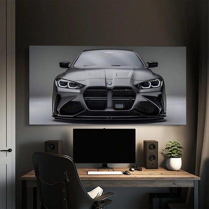 Gri renkli BMW M4 spor otomobilin detaylı ön cephesini gösteren büyük kanvas tablo, modern çalışma alanında.