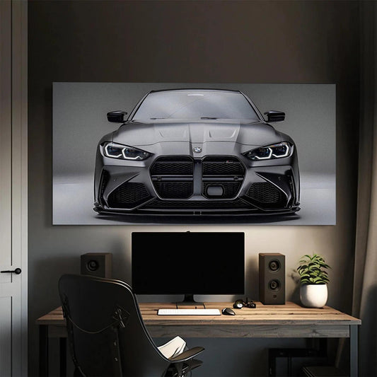 Gri renkli BMW M4 spor otomobilin detaylı ön cephesini gösteren büyük kanvas tablo, modern çalışma alanında.
