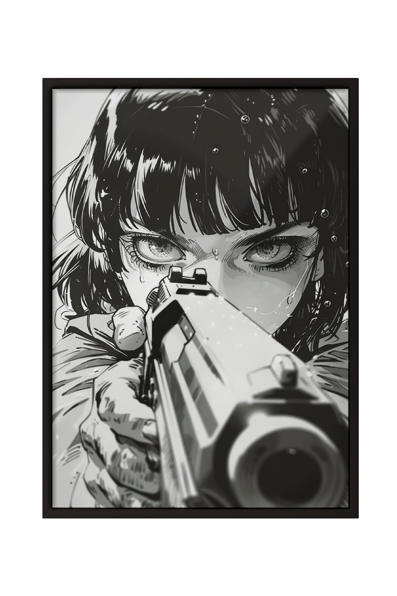Siyah beyaz anime tarzı, silah tutan, gözleri yoğun ve kararlı bakan kadın portresi çerçeveli poster