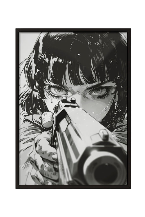 Siyah beyaz anime tarzı, silah tutan, gözleri yoğun ve kararlı bakan kadın portresi çerçeveli poster