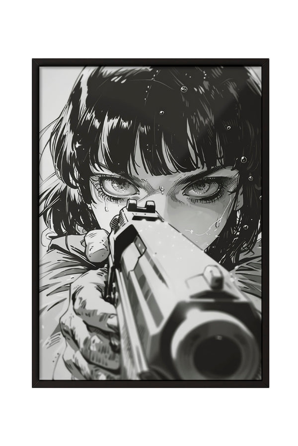 Siyah beyaz anime tarzı, silah tutan, gözleri yoğun ve kararlı bakan kadın portresi çerçeveli poster