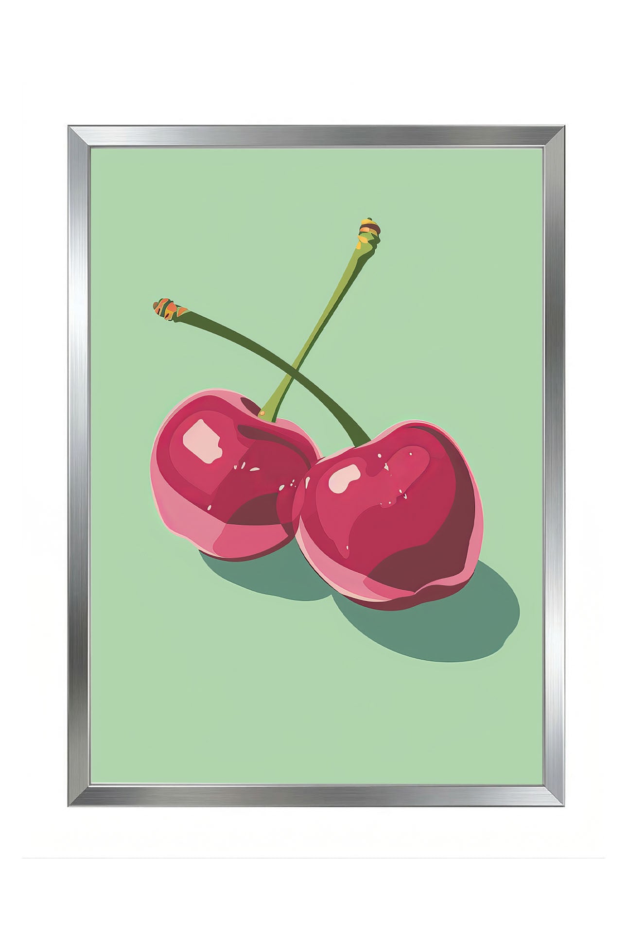 Siyah çerçeveli, açık yeşil fonda iki adet stilize pembe kiraz desenli modern poster.