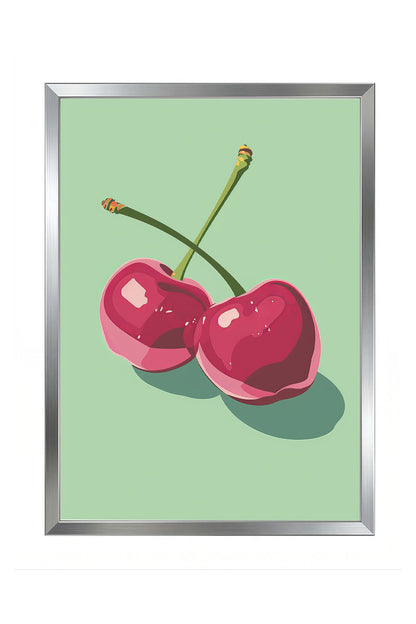 Siyah çerçeveli, açık yeşil fonda iki adet stilize pembe kiraz desenli modern poster.