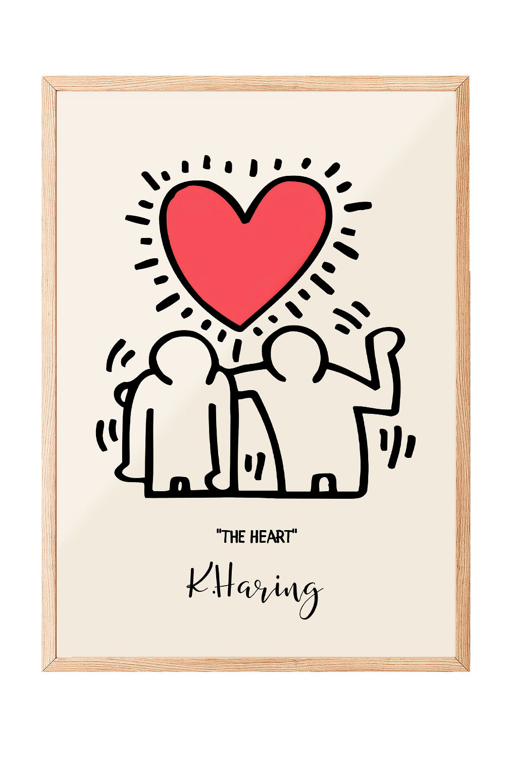 Siyah çerçeveli, bej zeminli, Keith Haring tarzı iki insan figürü ve parlak kırmızı kalp içeren modern sanat posteri.