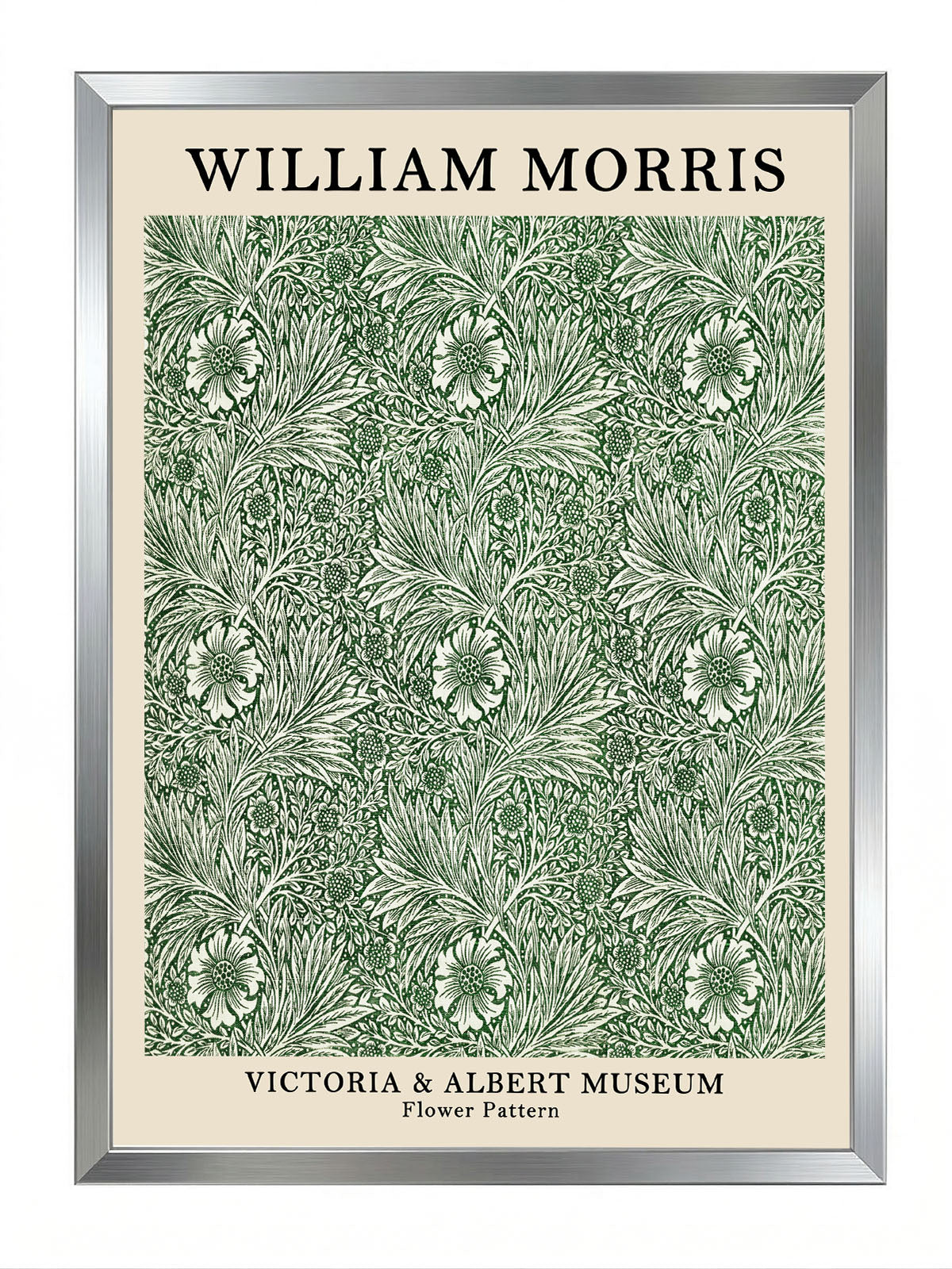 William Morris'in Victoria & Albert Müzesi'nden ilham alan, yeşil ve krem tonlarında detaylı çiçek desenli vintage poster.