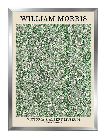 William Morris'in Victoria & Albert Müzesi'nden ilham alan, yeşil ve krem tonlarında detaylı çiçek desenli vintage poster.