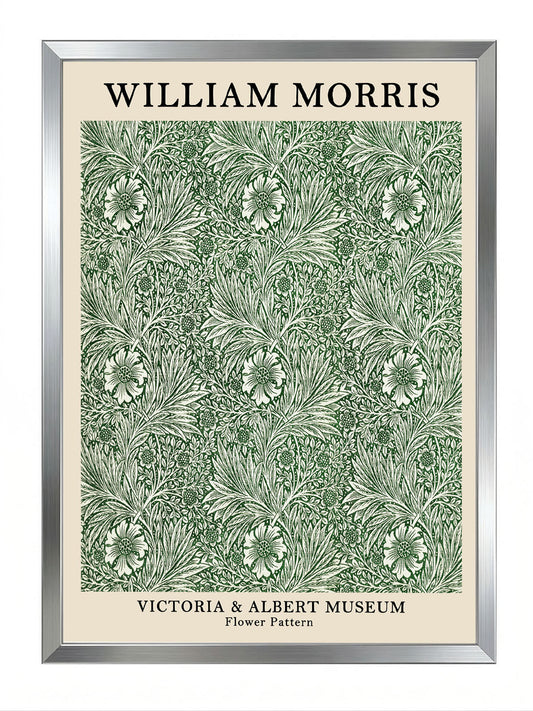 William Morris'in Victoria & Albert Müzesi'nden ilham alan, yeşil ve krem tonlarında detaylı çiçek desenli vintage poster.
