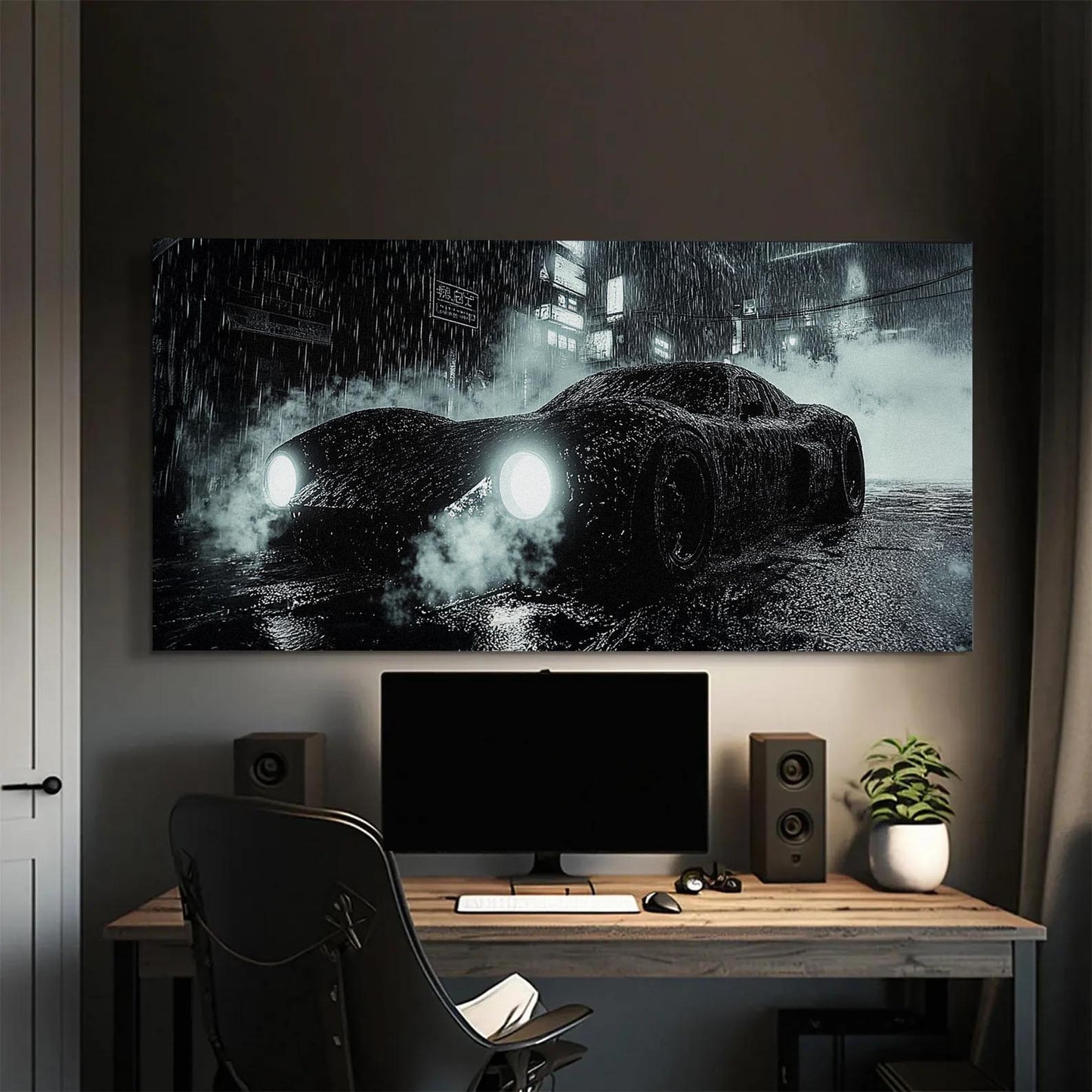 Yağmurlu gece şehirde duran, farları yanan siyah spor araba kanvas tablo, modern ofis dekorasyonu