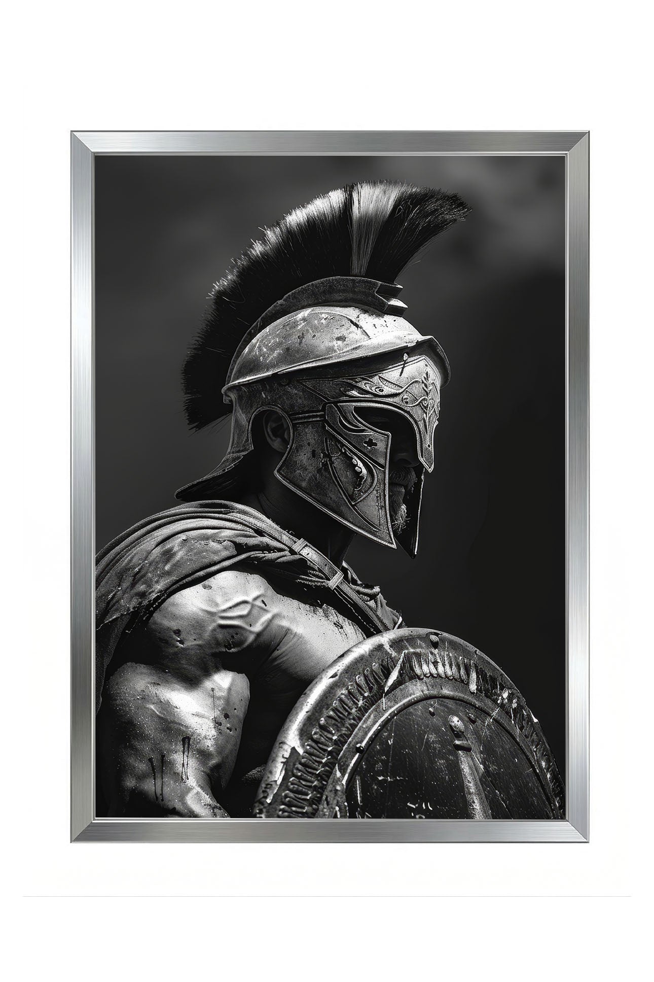 Siyah beyaz antik Yunan Spartan savaşçısı miğferli ve kalkanlı çerçeveli tablo