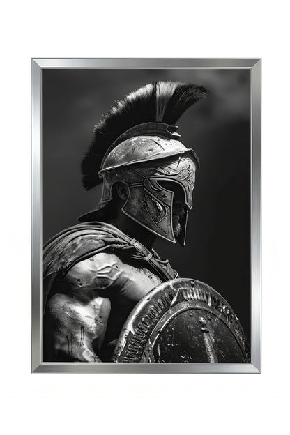 Siyah beyaz antik Yunan Spartan savaşçısı miğferli ve kalkanlı çerçeveli tablo