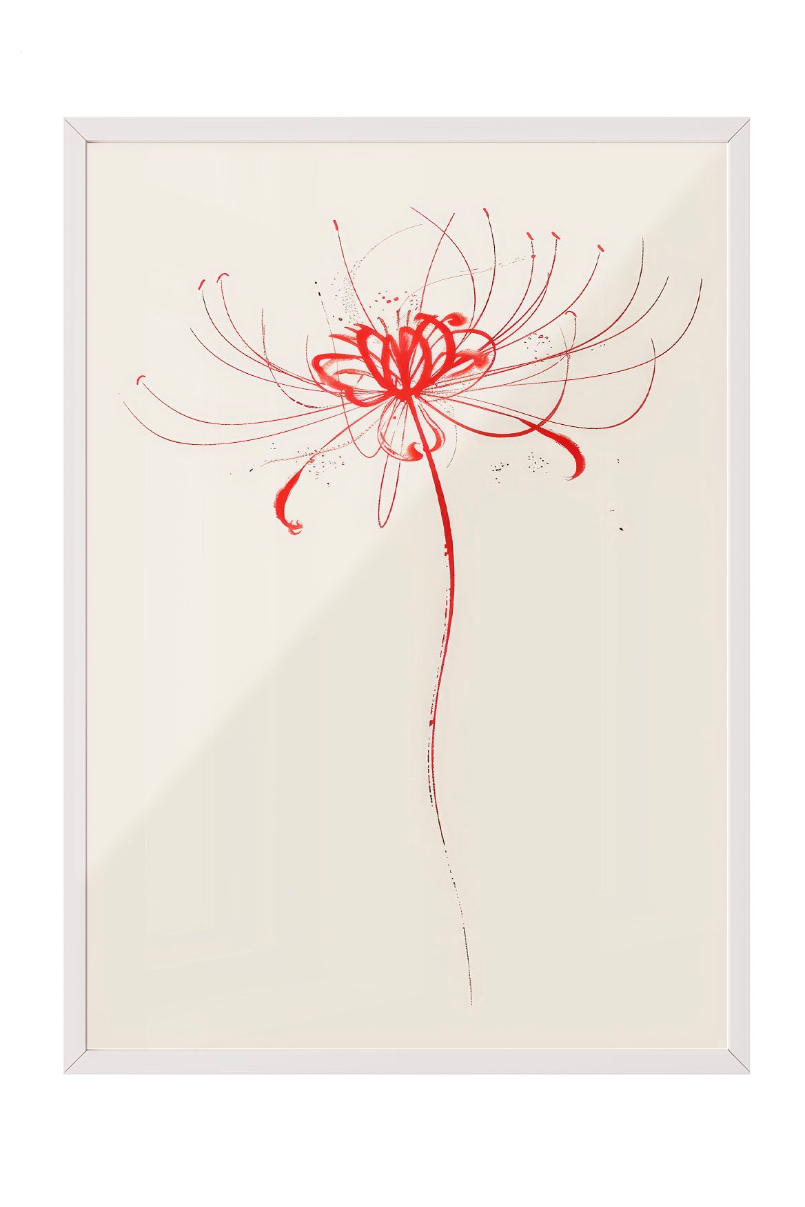 Siyah çerçeveli, açık bej zemin üzerinde soyut kırmızı fırça darbeleriyle çizilmiş minimalist çiçek posteri